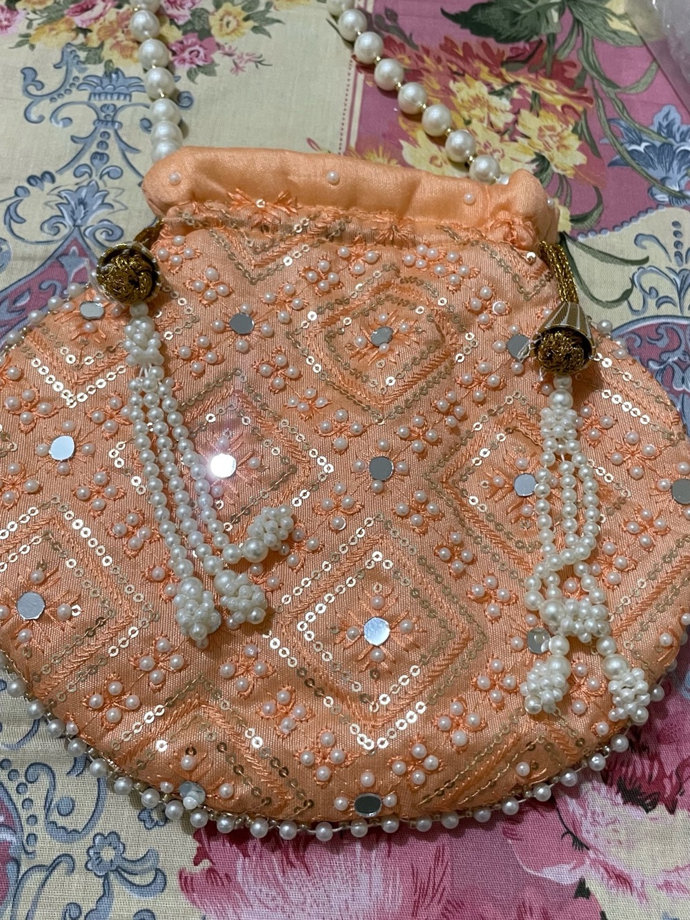 Peach Beaded Embellished Women's Drawstring Bag/potli